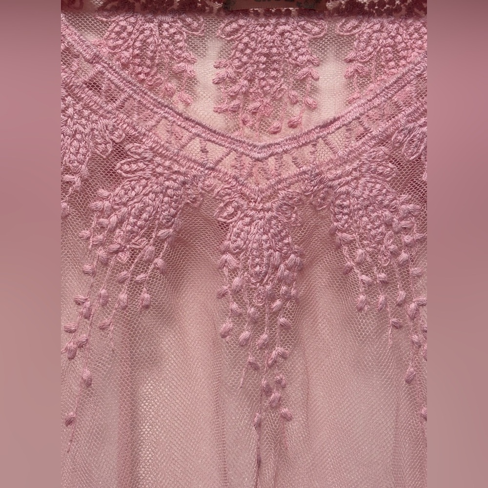 Pink Lace Overlay Dress embroidered with ruffled sleeves sheer - Picture 8 of 16